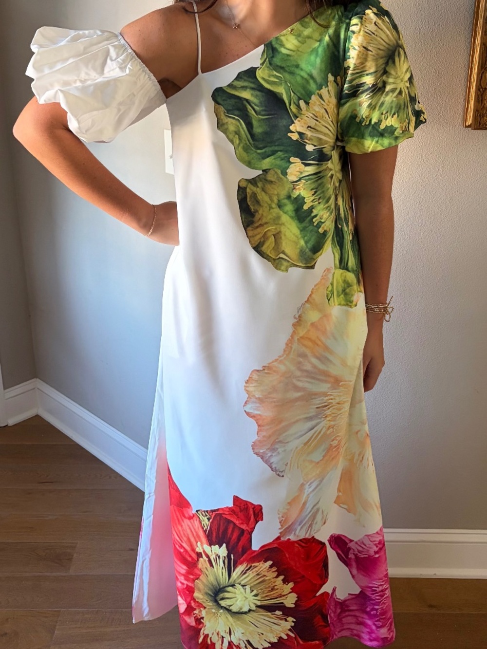 One-Shoulder White Maxi Dress with Bold Floral Print